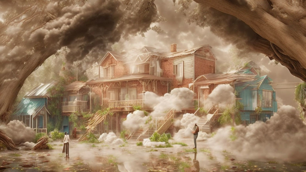 Person in surreal foggy street with old houses and merging clouds