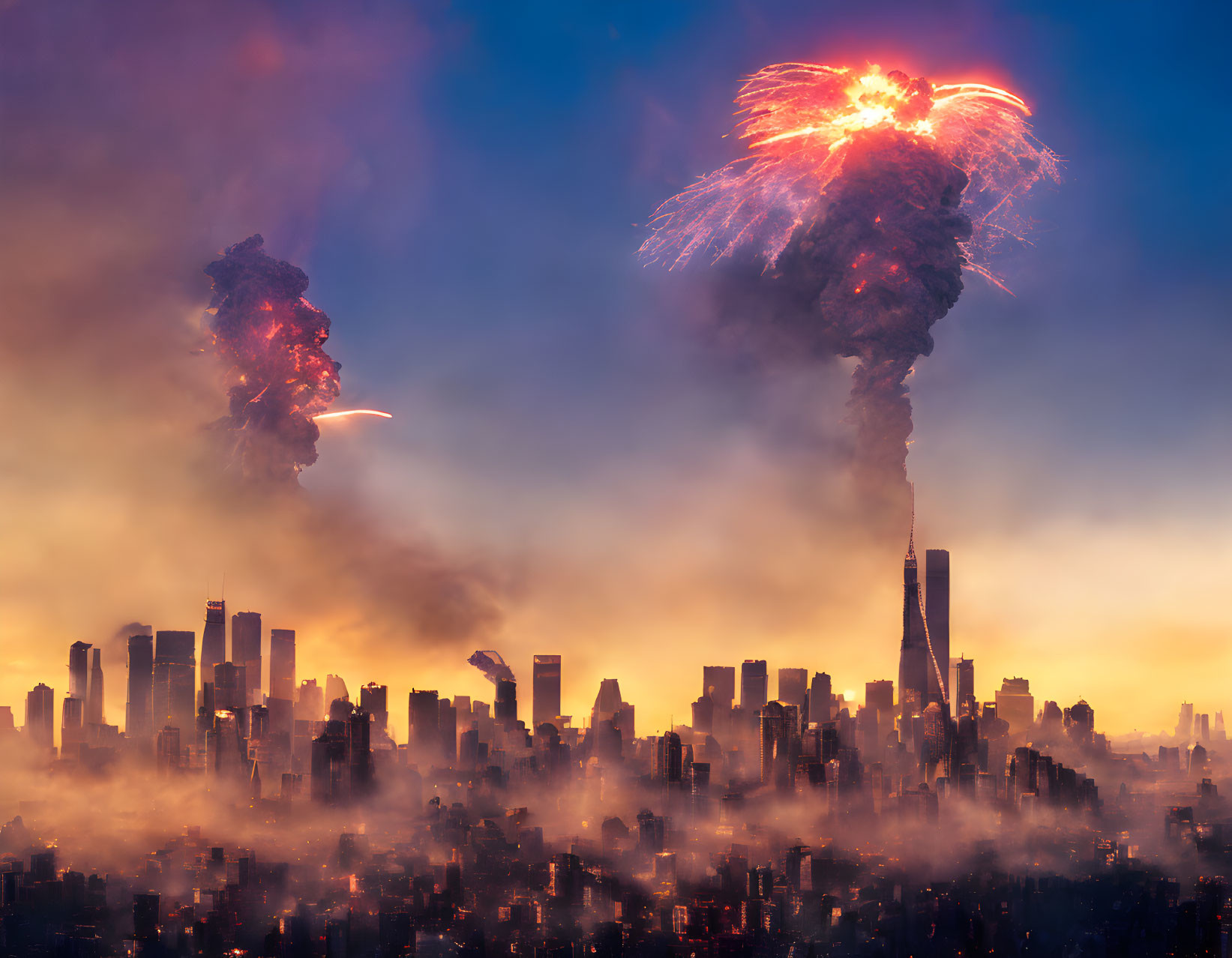 Cityscape at twilight with fiery smoke explosions in vibrant sky