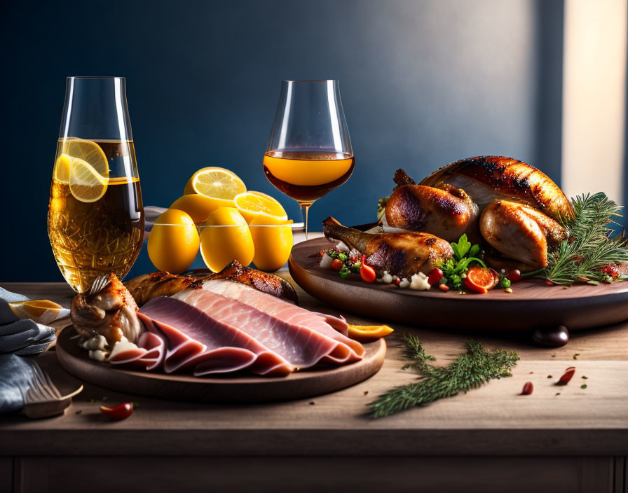 Festive dinner setup: roasted chicken, sliced ham, beverages, oranges on wooden table