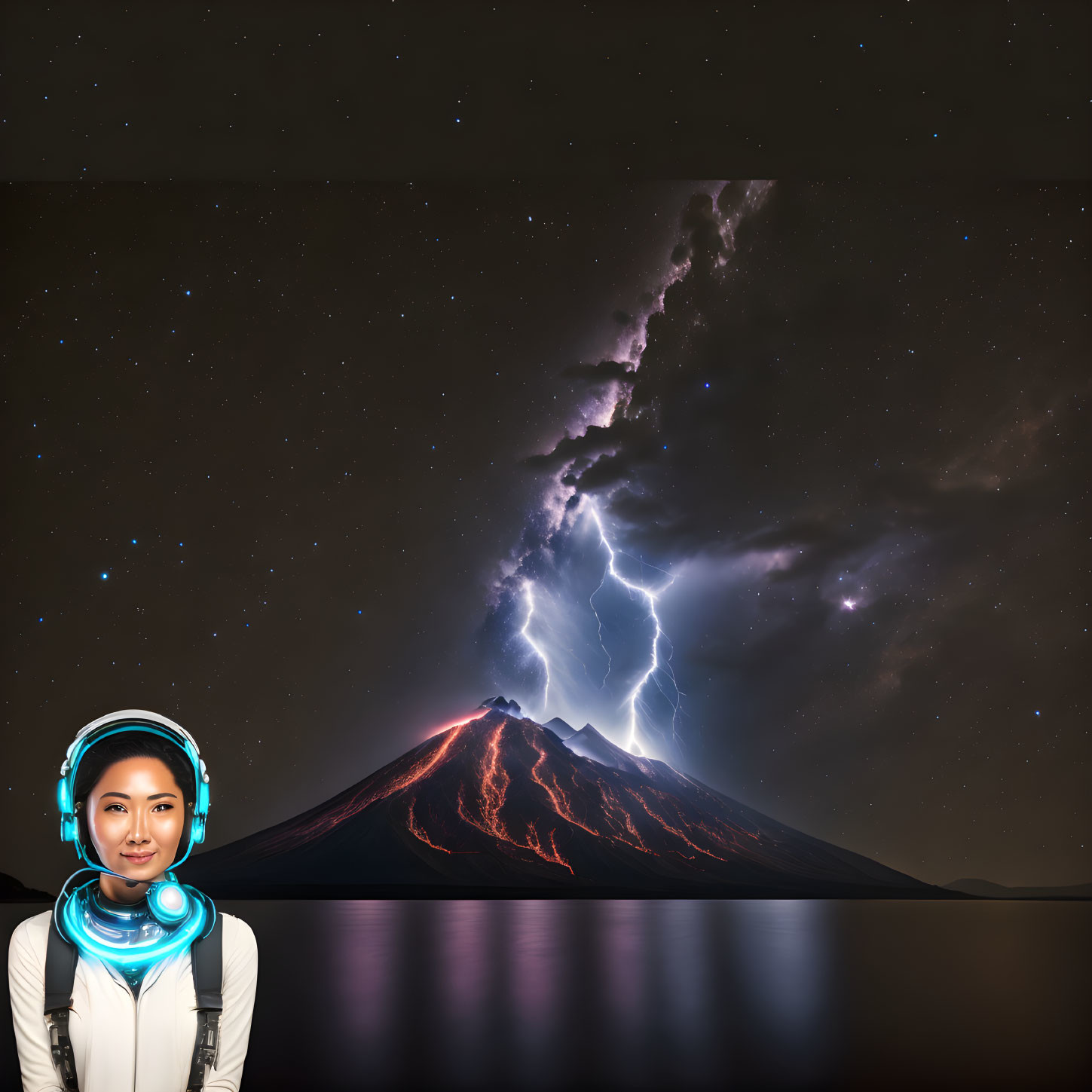 Futuristic attire with glowing headset in front of erupting volcano under starry sky