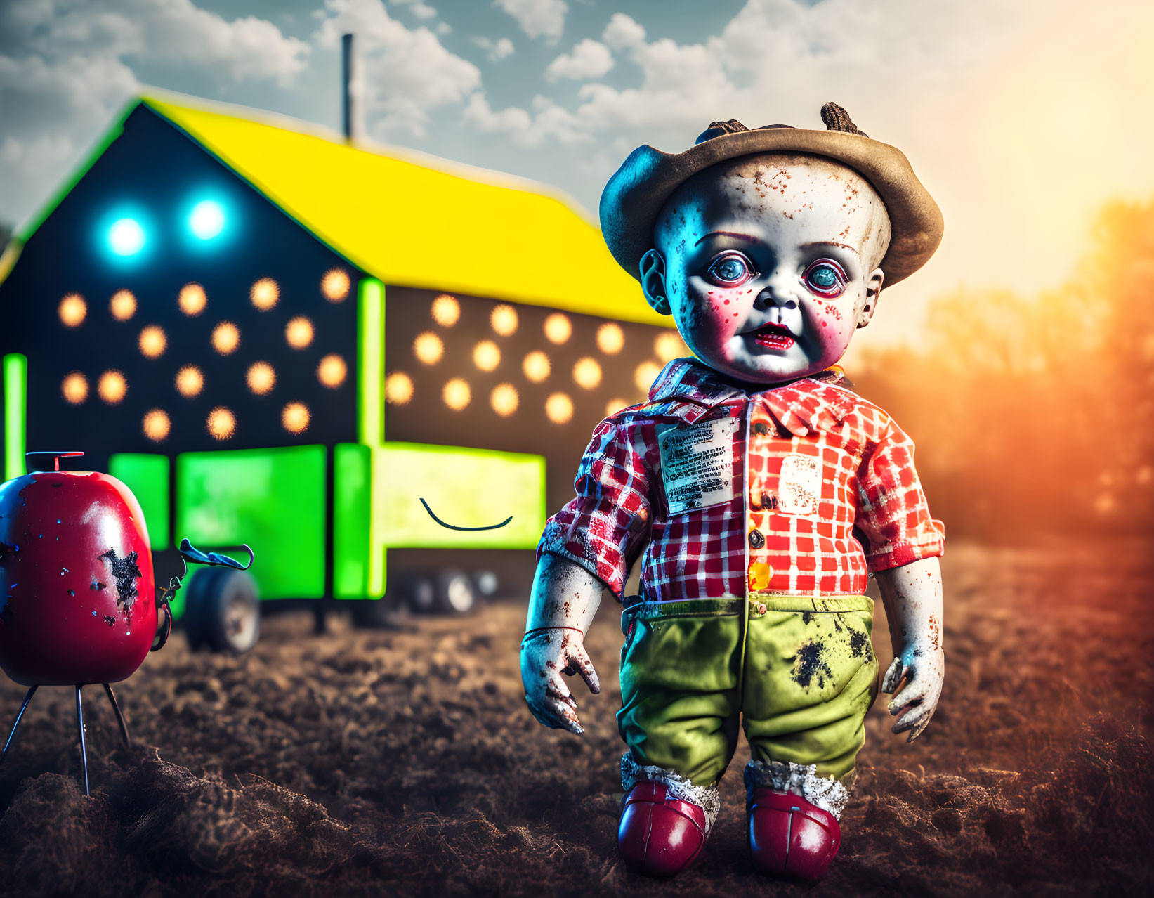 Oversized spooky doll in plaid shirt and overalls in surreal field scene