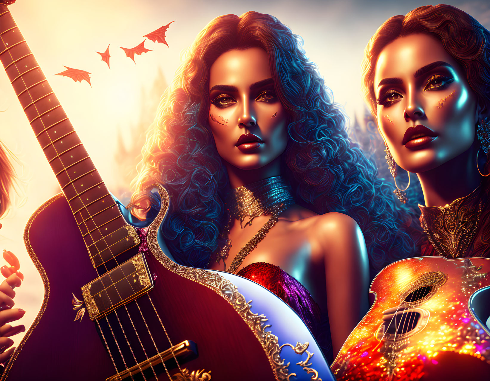 Stylized women with striking makeup and intricate jewelry playing guitars amid bats and warm glow