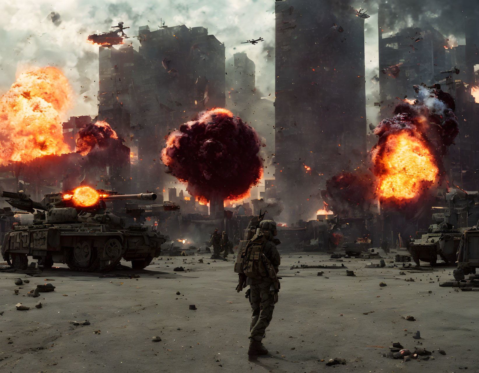 Warzone scene with exploding fireballs, tanks, and helicopters in devastated urban landscape