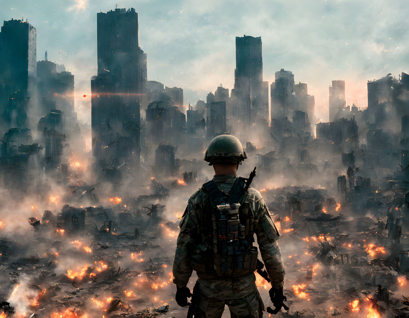 Soldier in combat gear amidst fiery cityscape at dusk