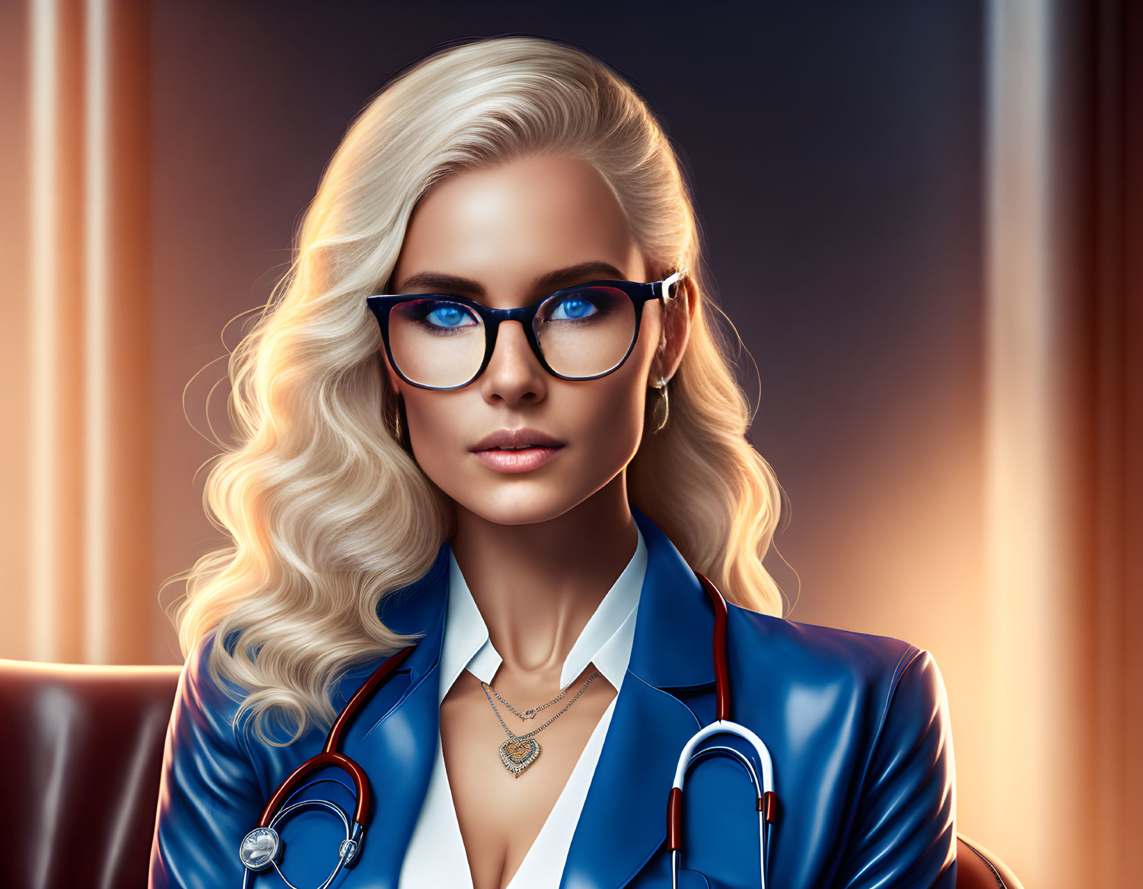 Blonde-Haired Female Figure with Stethoscope and Glasses on Warm Backlit Background