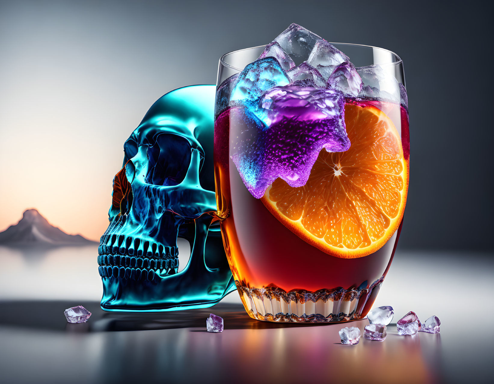 Colorful skull next to cocktail glass with ice, orange slice, and purple garnish on reflective surface