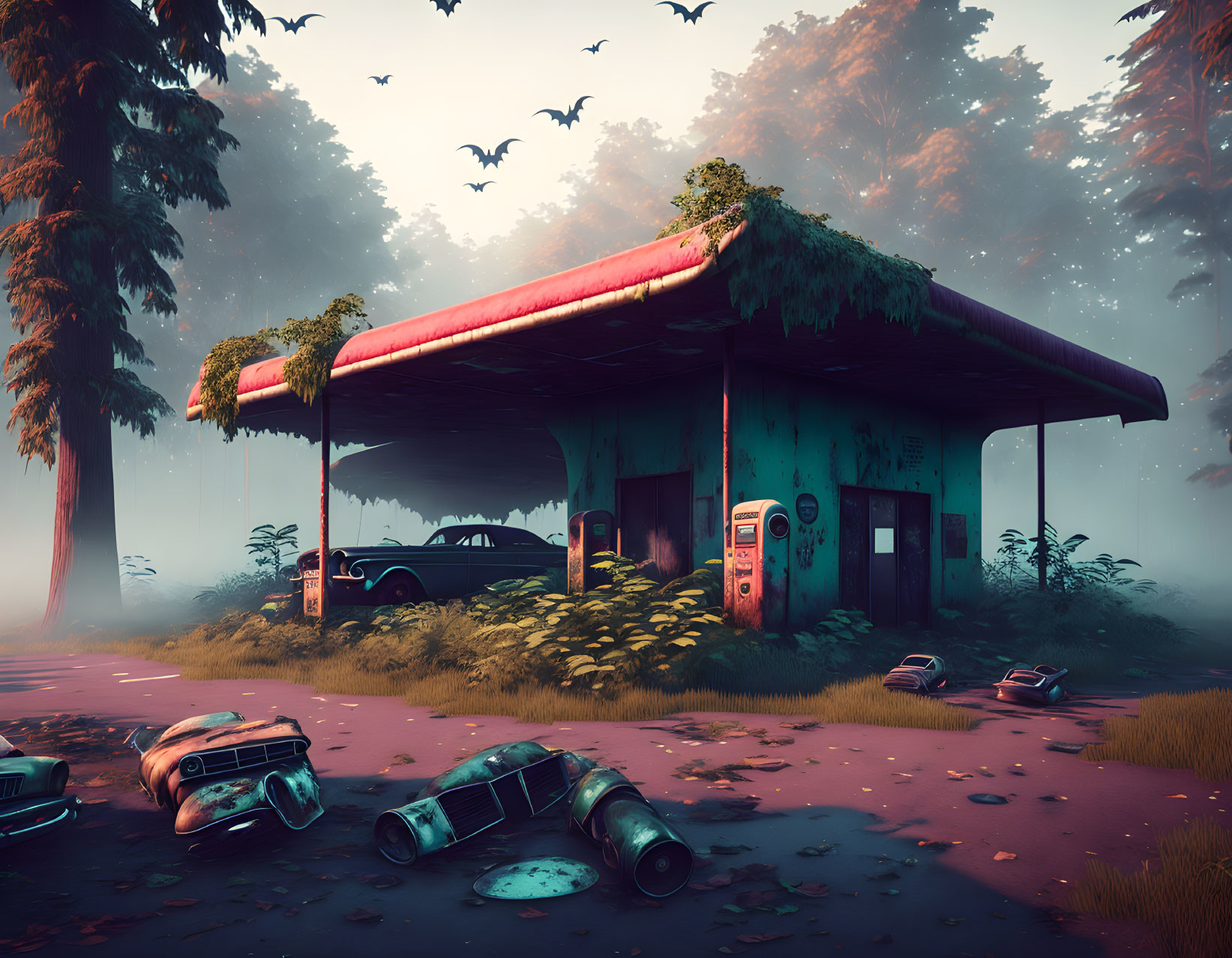 Overgrown gas station with scattered old cars under misty sky