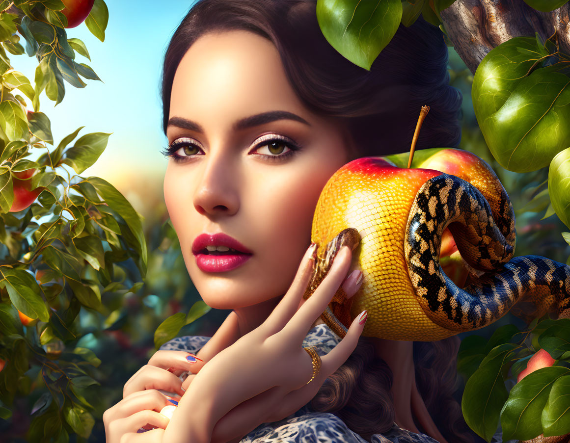 Woman with striking eyes holding golden apple and snake in lush foliage