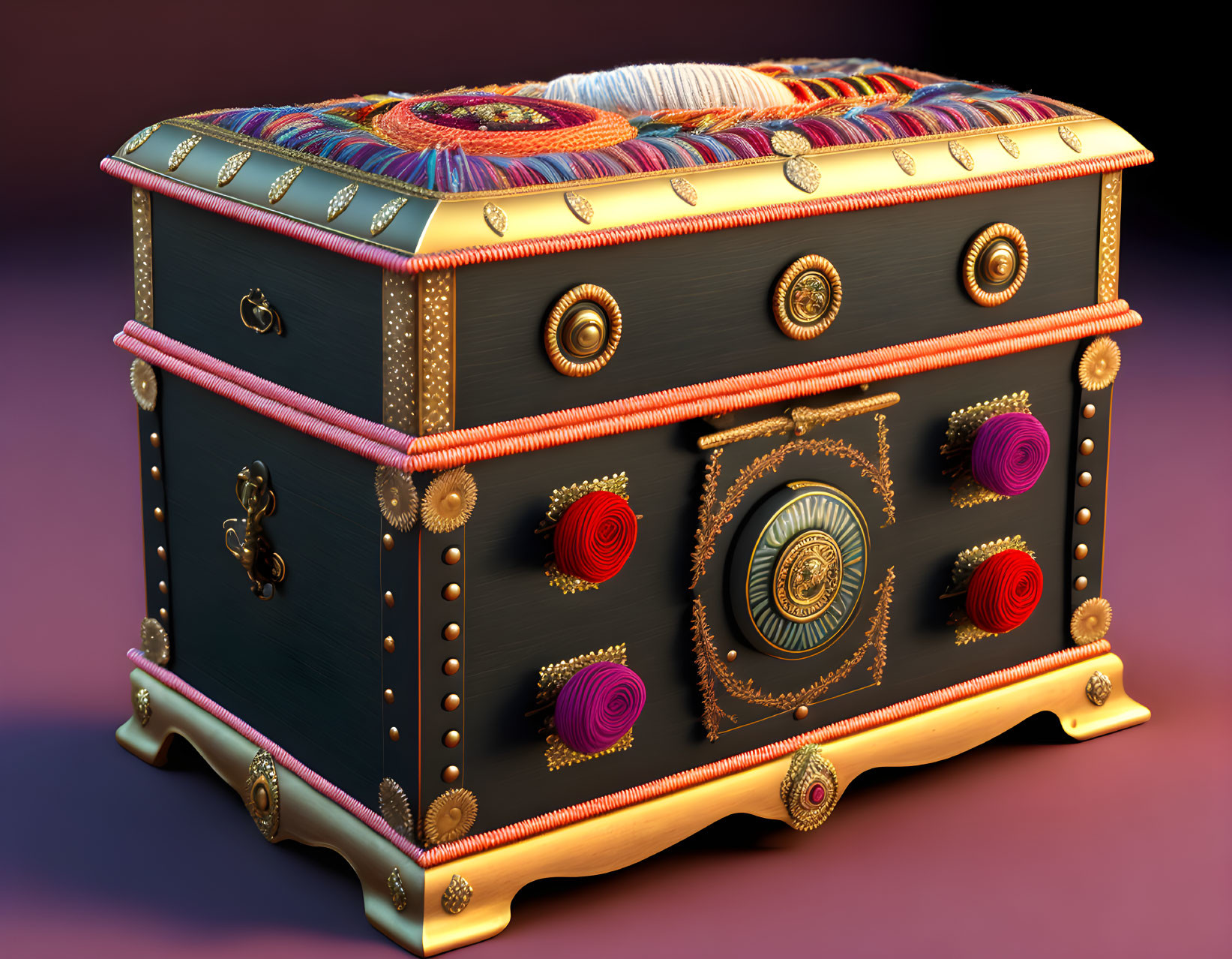 Colorful Thread-Wrapped Treasure Chest with Gold Accents on Burgundy Background