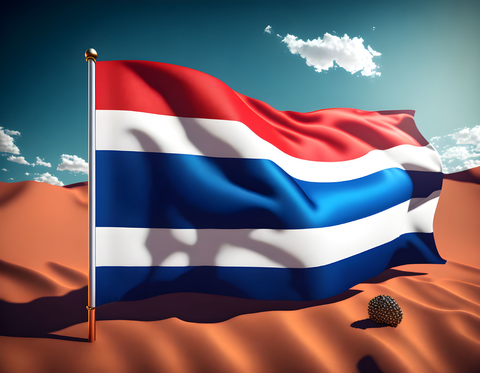 Thai flag waving in desert landscape with dunes and blue sky