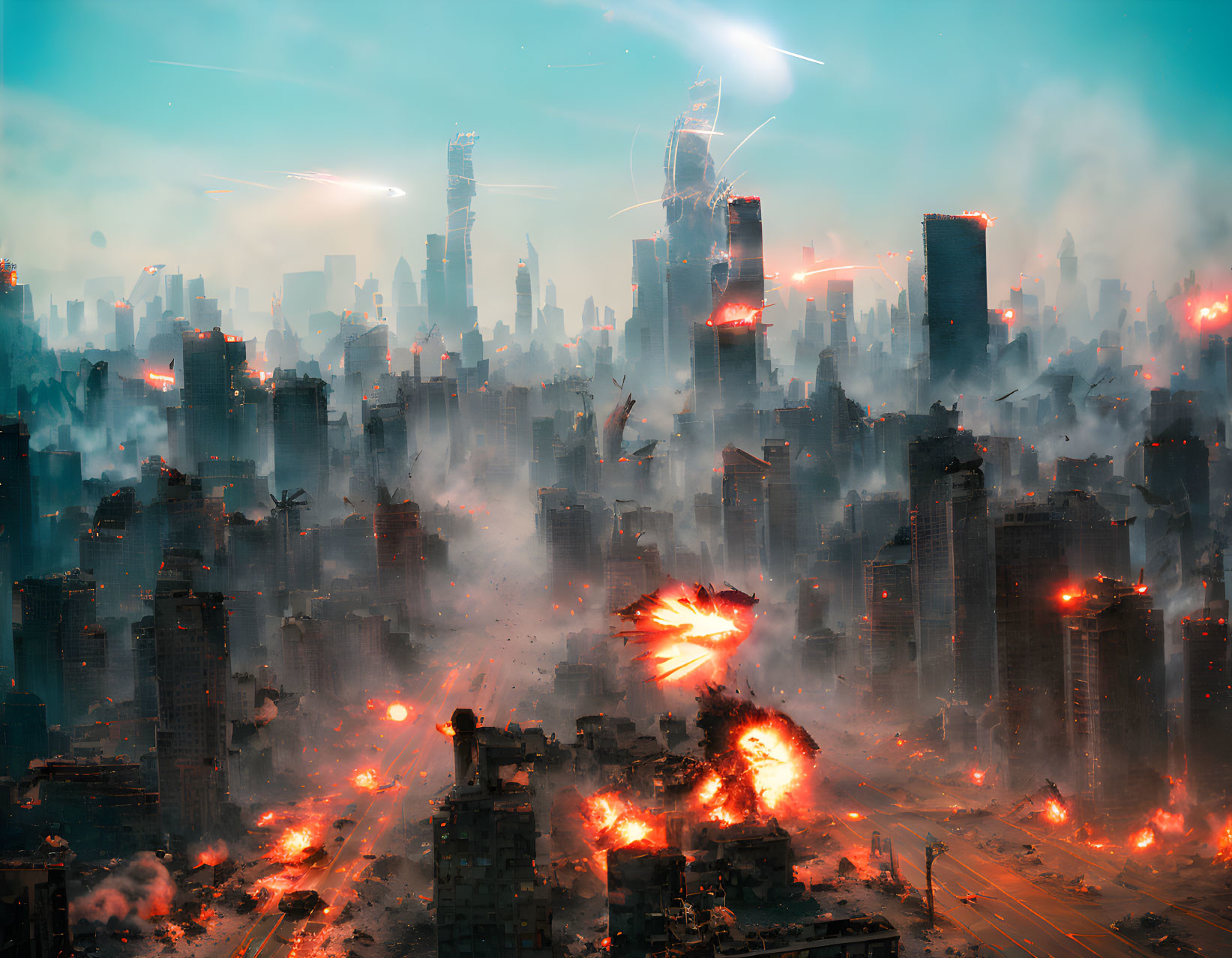 Dystopian cityscape with flames, smoke, explosions, and debris