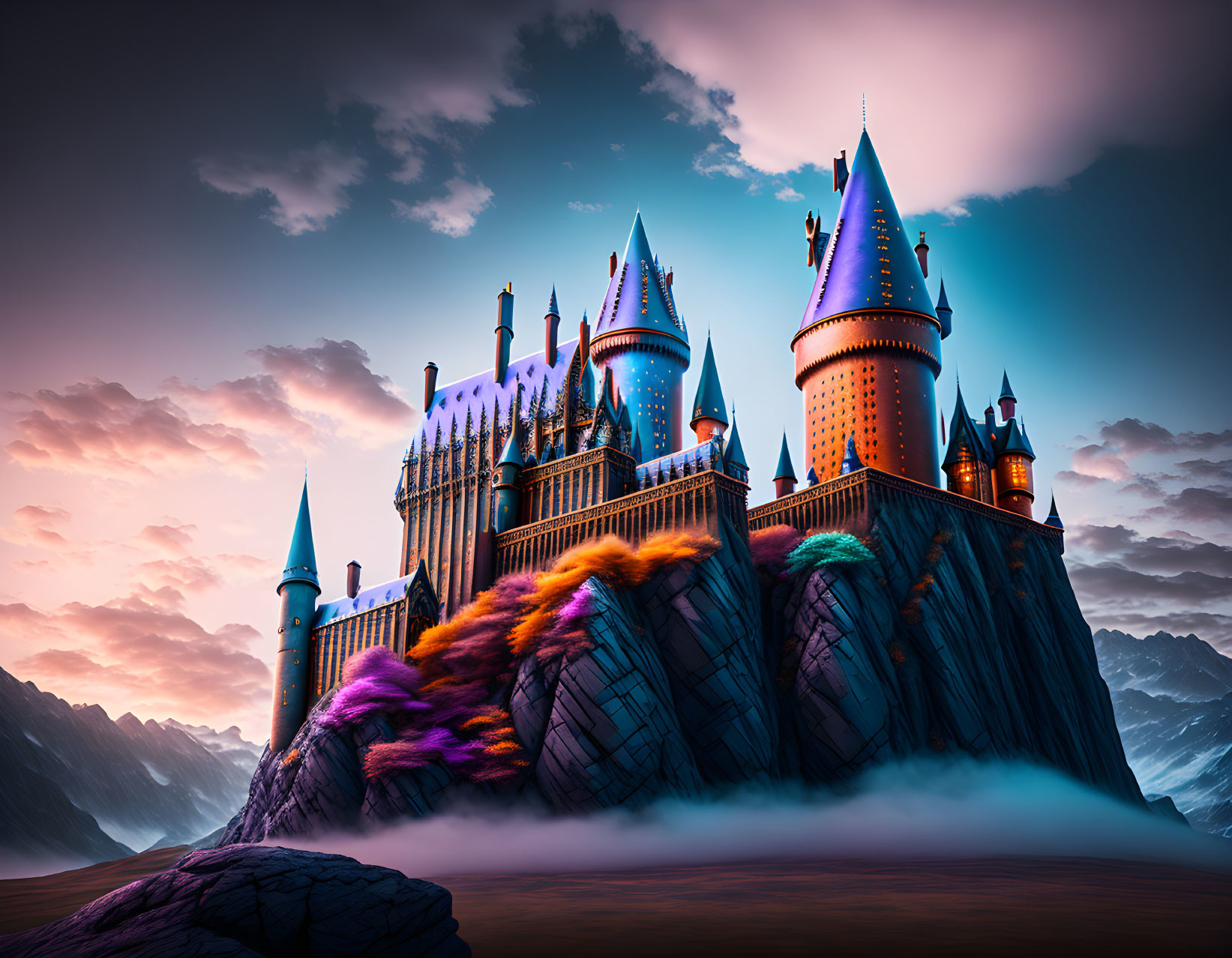 Fantasy castle on rocky cliffs at sunset with colorful flora