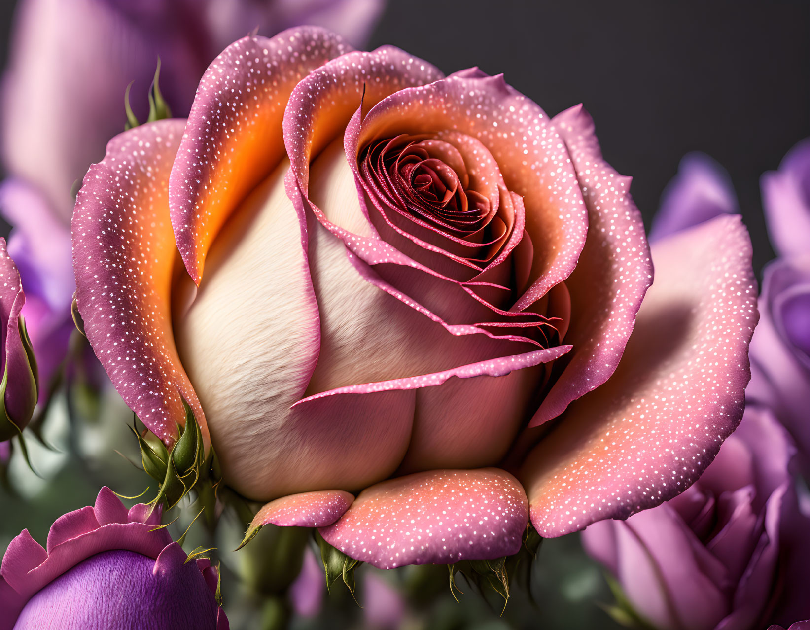 Detailed view of dewy two-tone rose: peachy center, purple outer petals