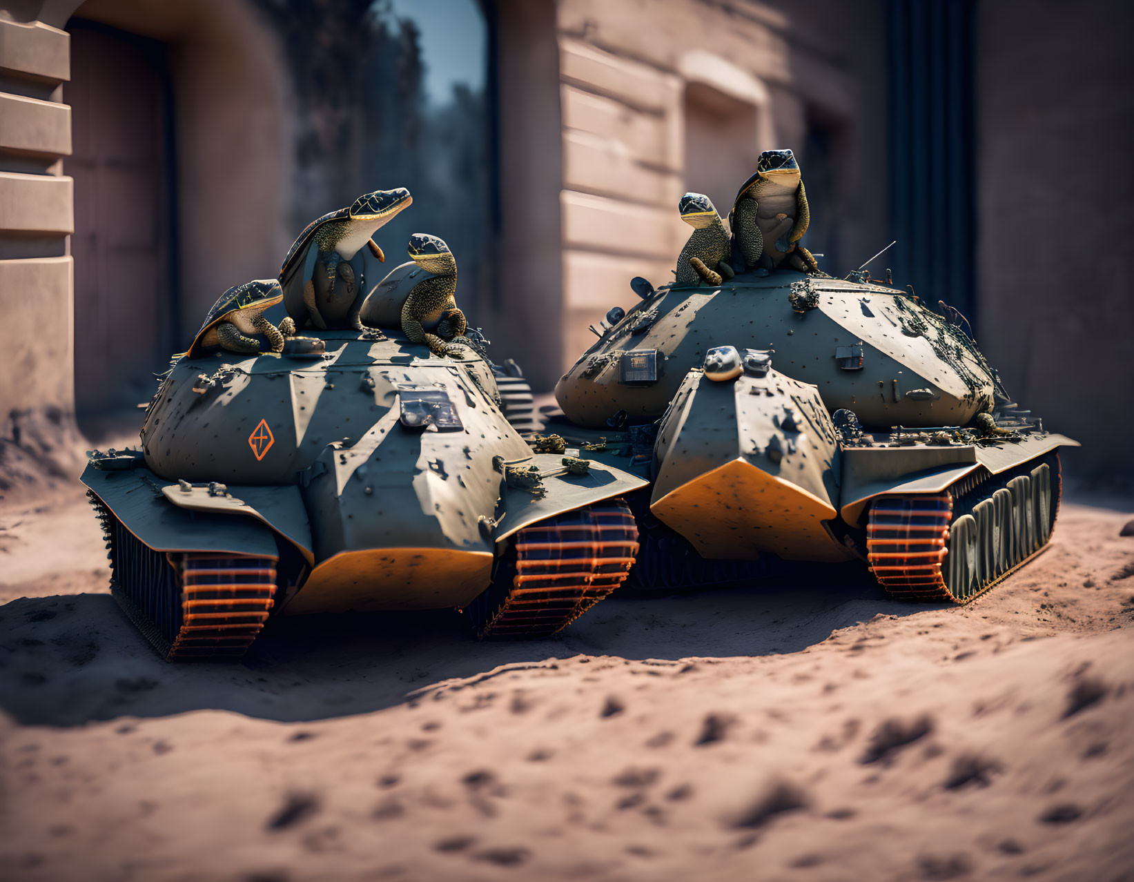 Three iguanas on scale model tanks in surreal desert setting