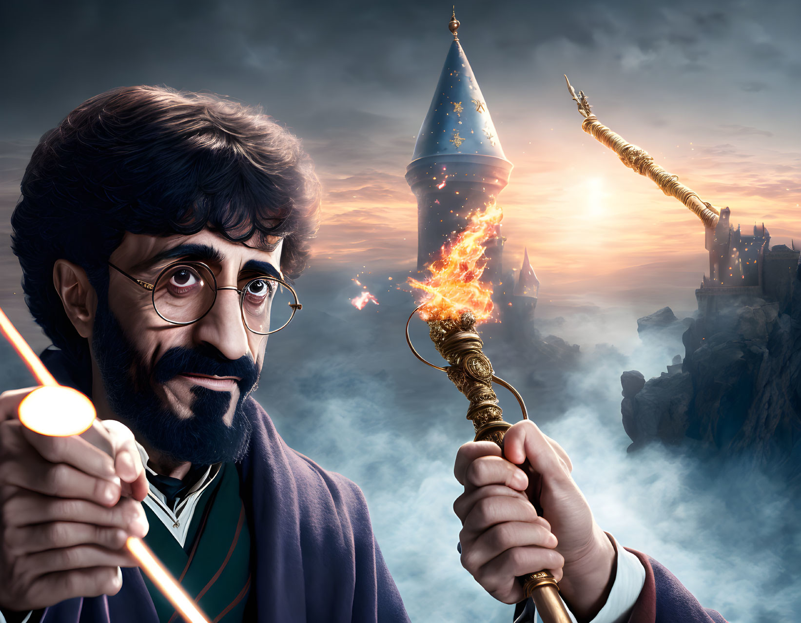 Bearded wizard with glasses holding fiery staff in front of mystical castle