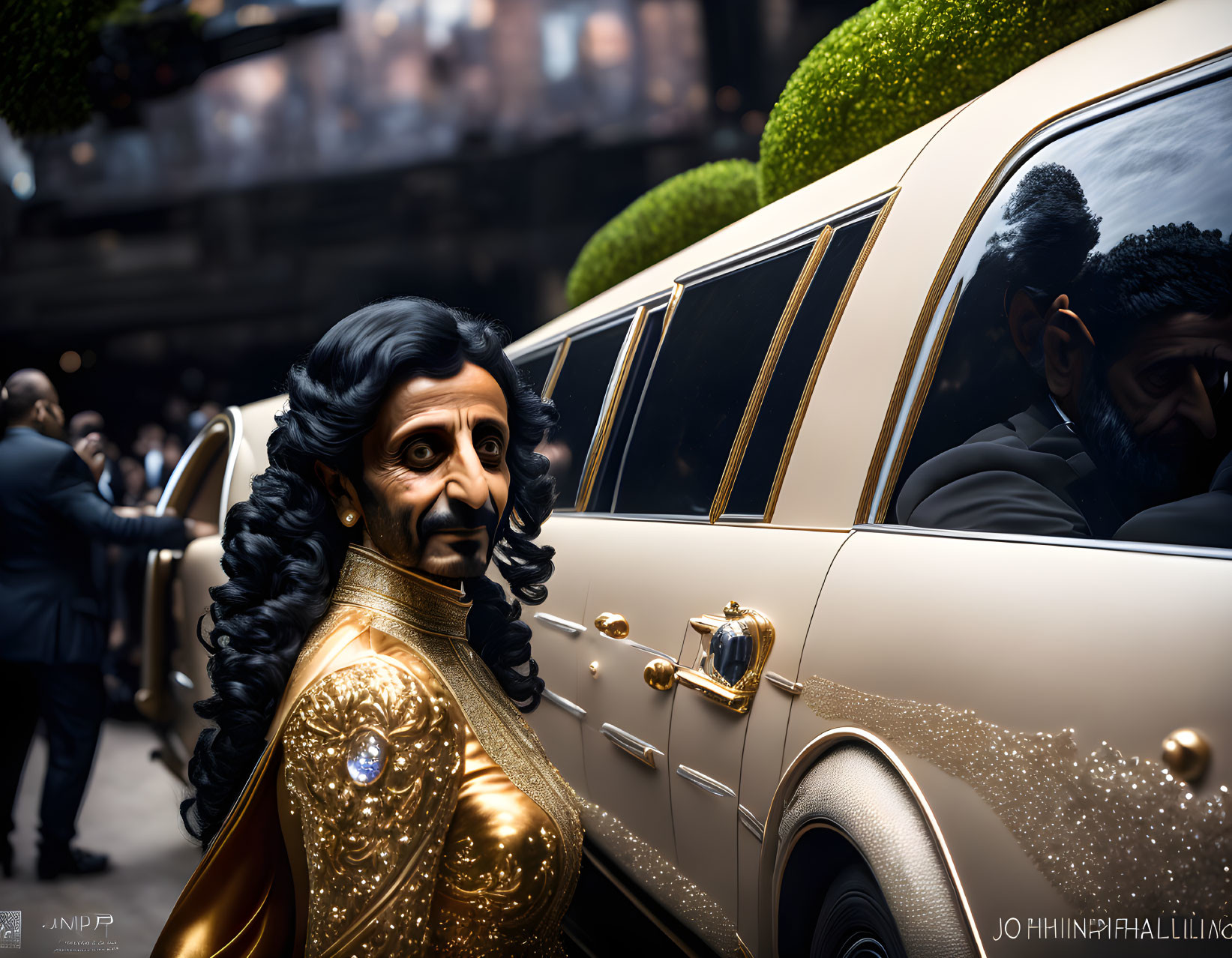 Gold Outfit Figure with Long Curly Hair by Luxury Car and People in Suits