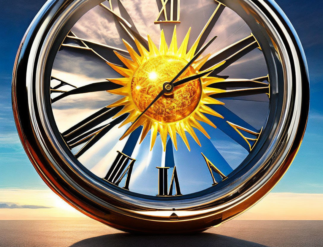 Ornate clock merging with sunset over ocean