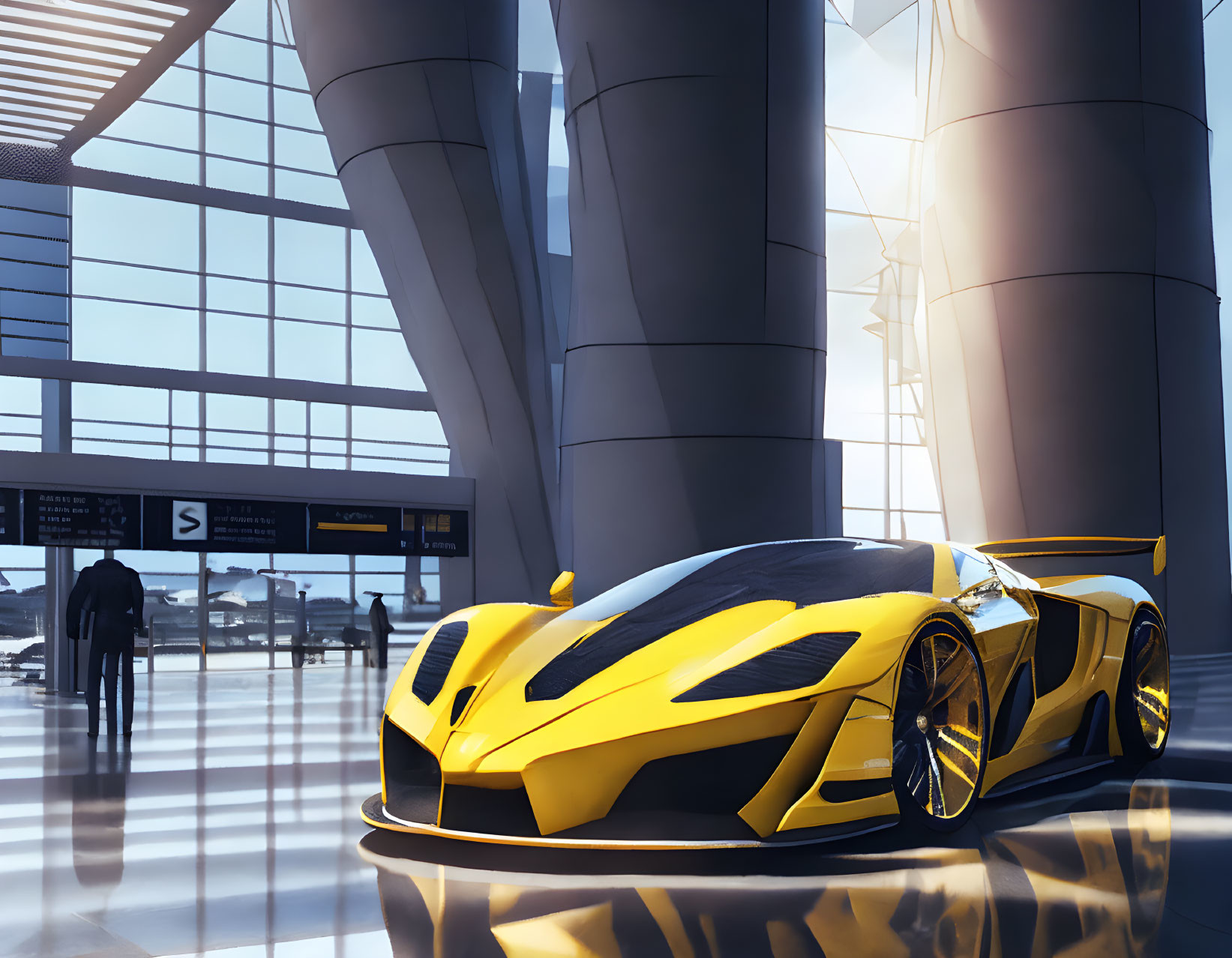 Yellow sports car parked in modern airport terminal with passengers silhouettes.