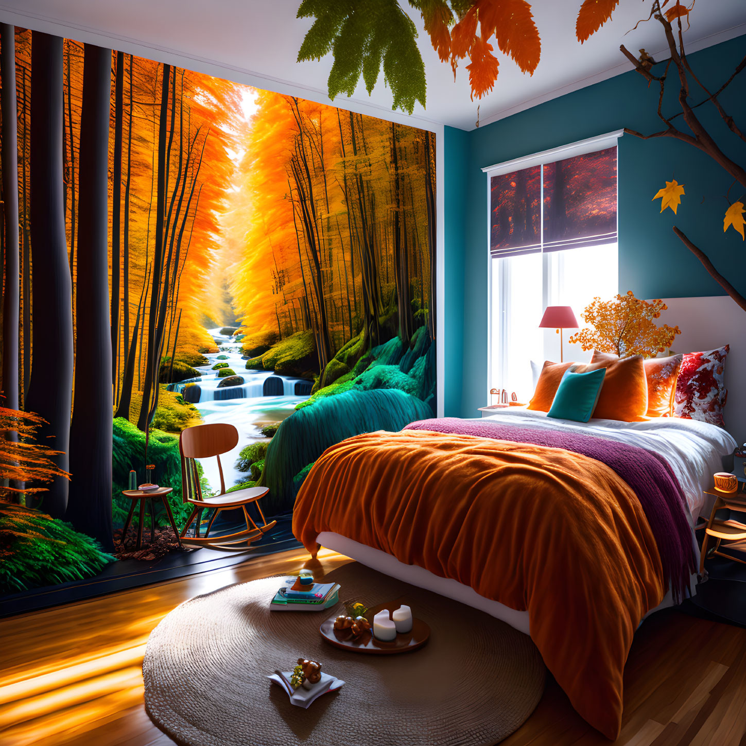 Colorful Bedroom with Forest Mural and Contemporary Decor