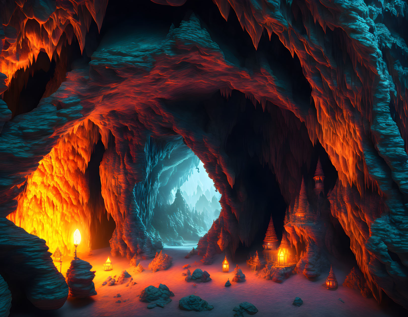 Ethereal cave with fiery torches, stalactites, stalagmites, and icy landscape