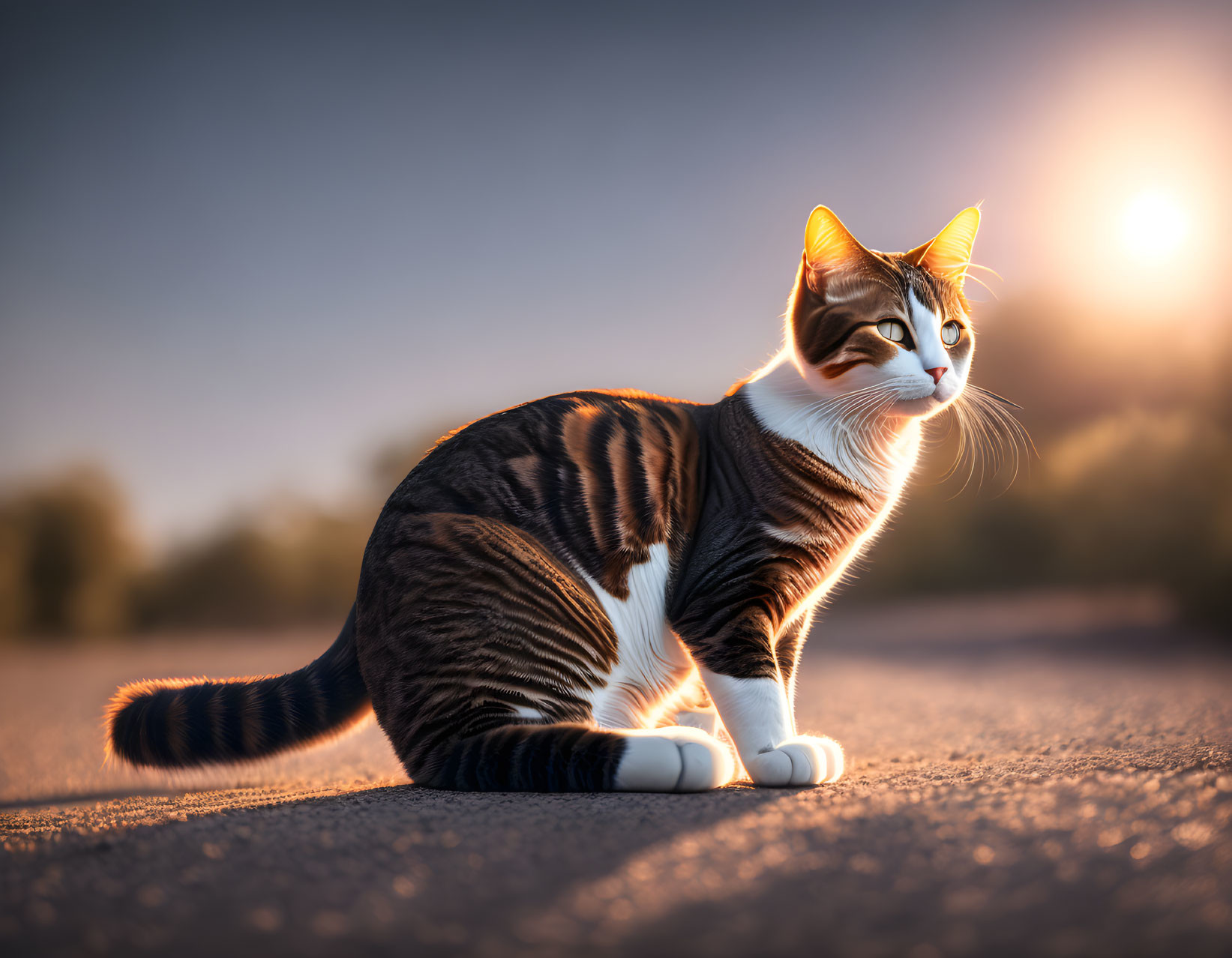 Striped Cat with White Paws Sitting on Road at Golden Hour