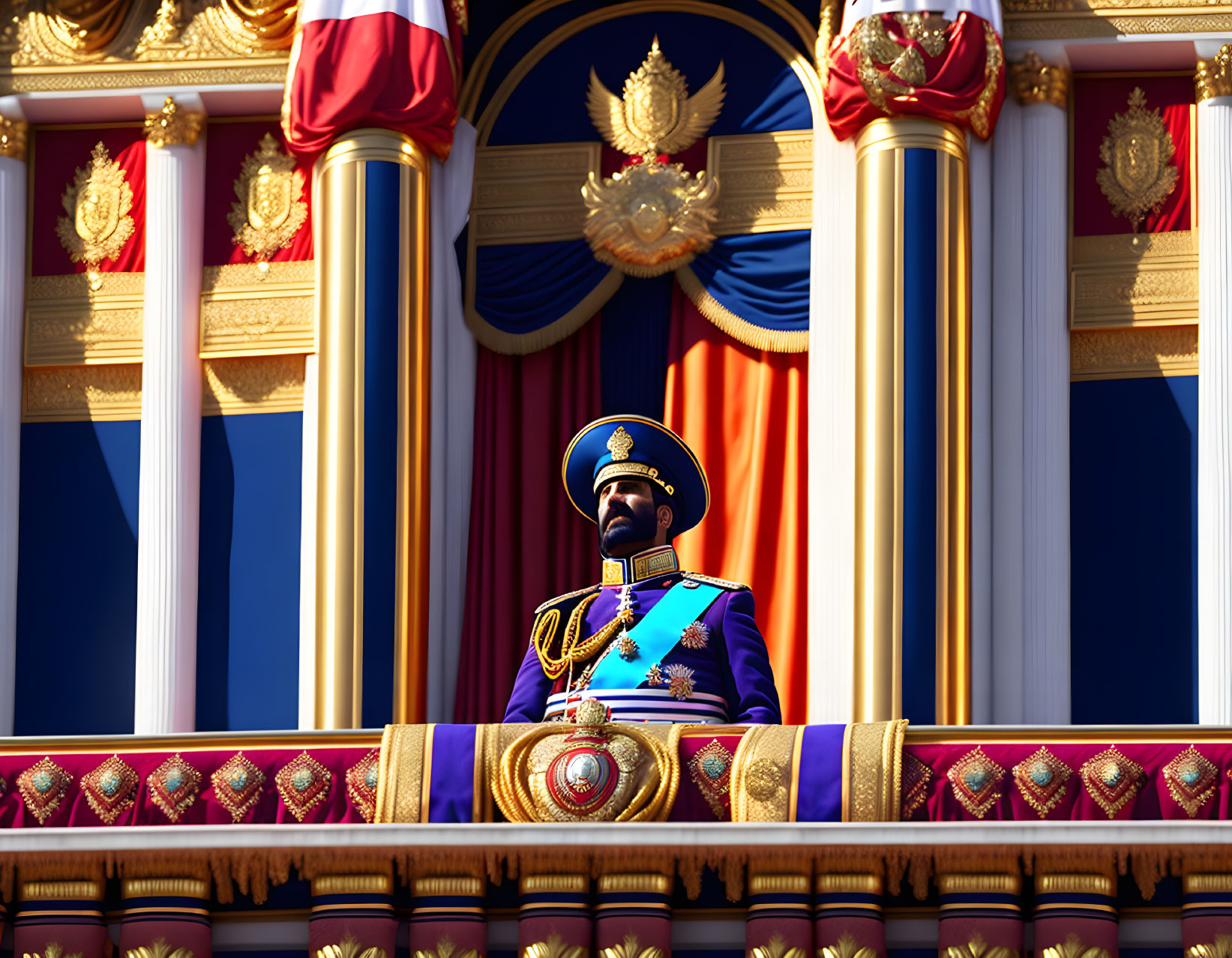 Ornately Uniformed Guard in Front of National Flags and Regal Emblems