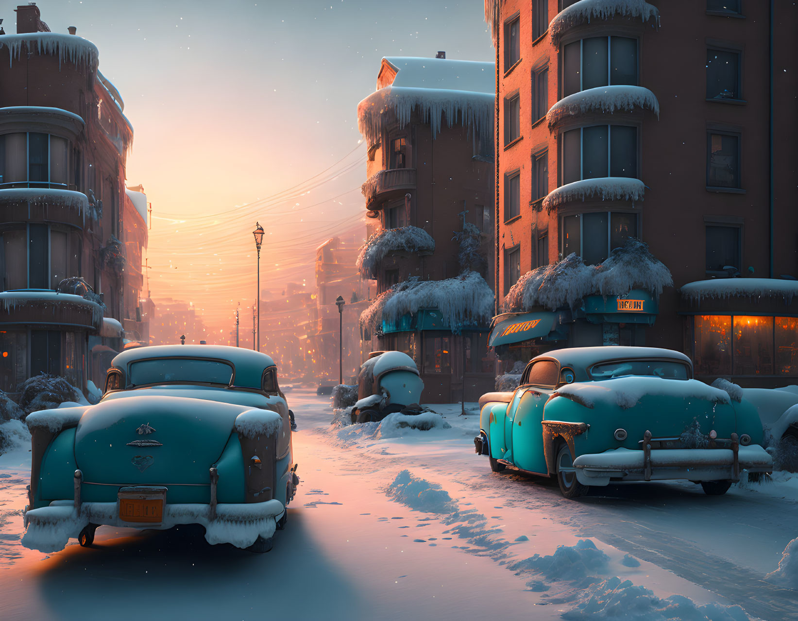 Vintage city street at dusk with classic cars covered in snow