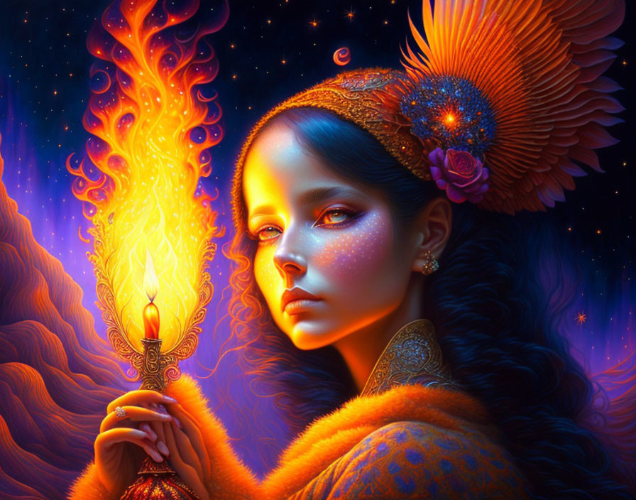 Mystical woman with sparkling skin and flaming torch in cosmic night sky