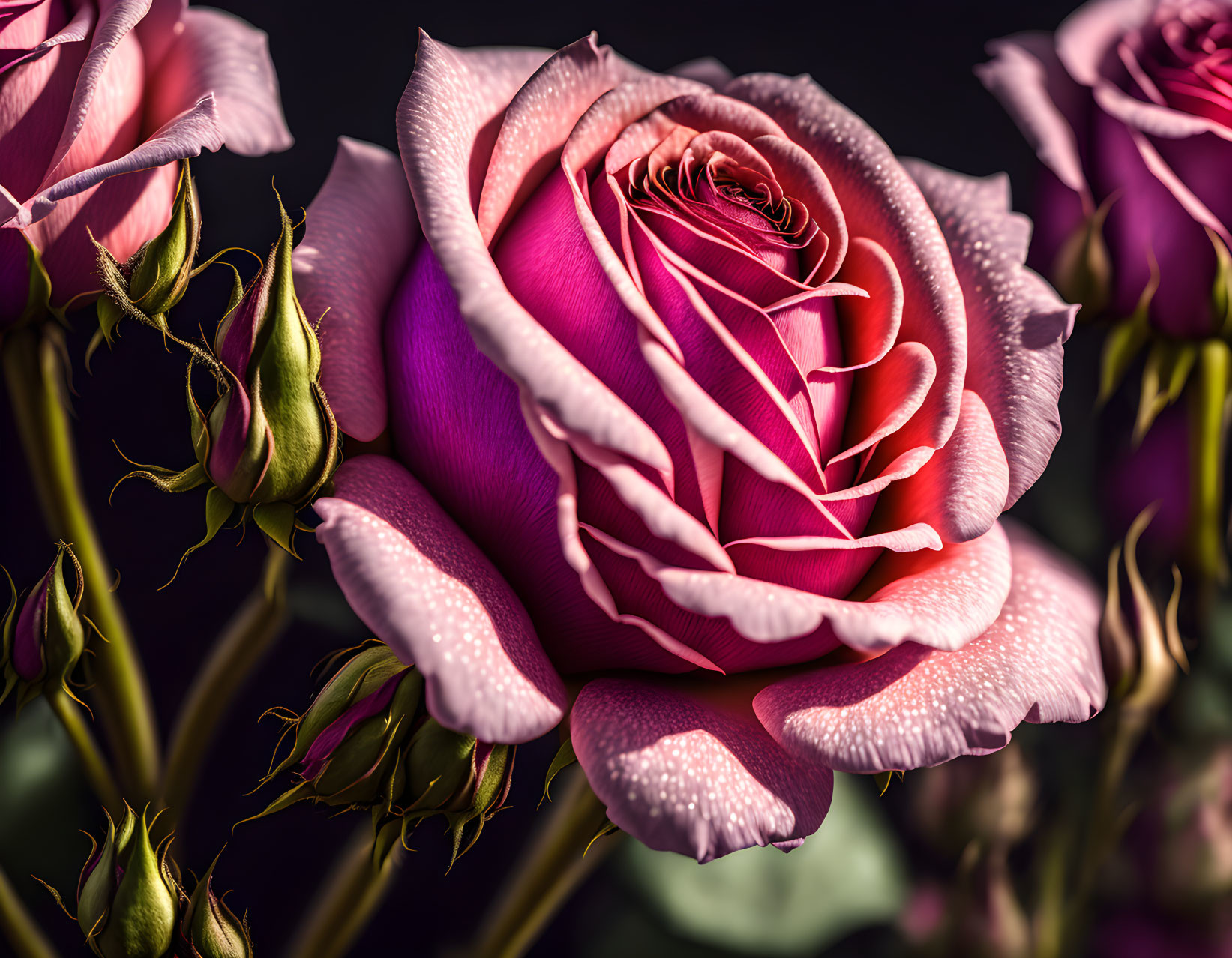 Dew-covered pink rose with unfurling petals on dark background