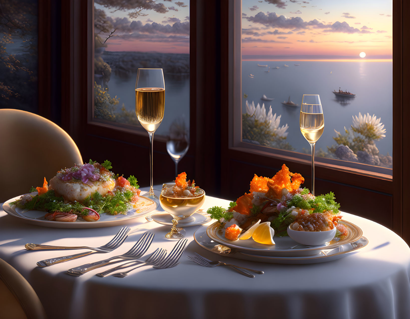 Seafood meal and wine in elegant sunset ocean view.