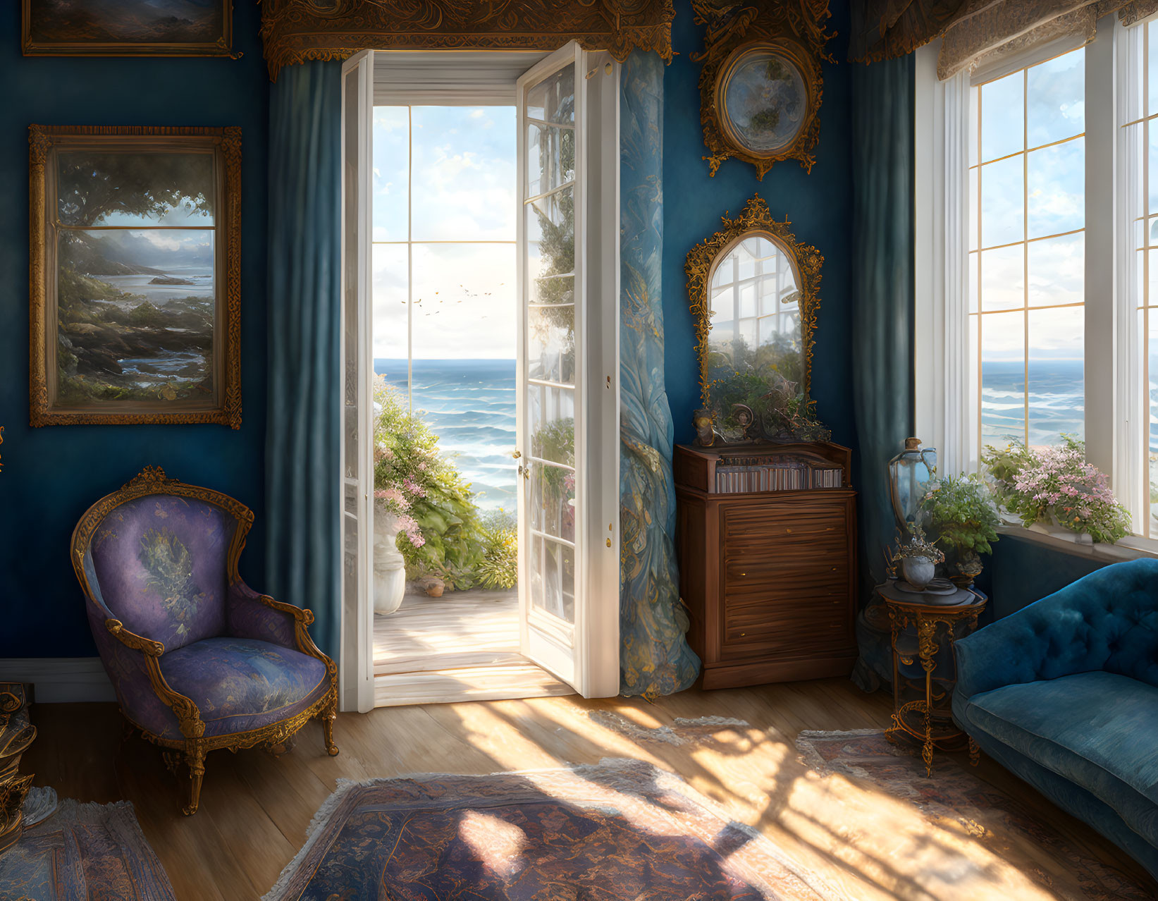 Plush coastal room with sunny balcony view and ocean painting