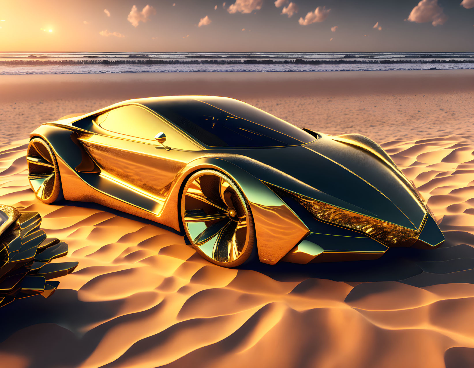 Sleek Black and Gold Futuristic Car on Sandy Beach at Sunset