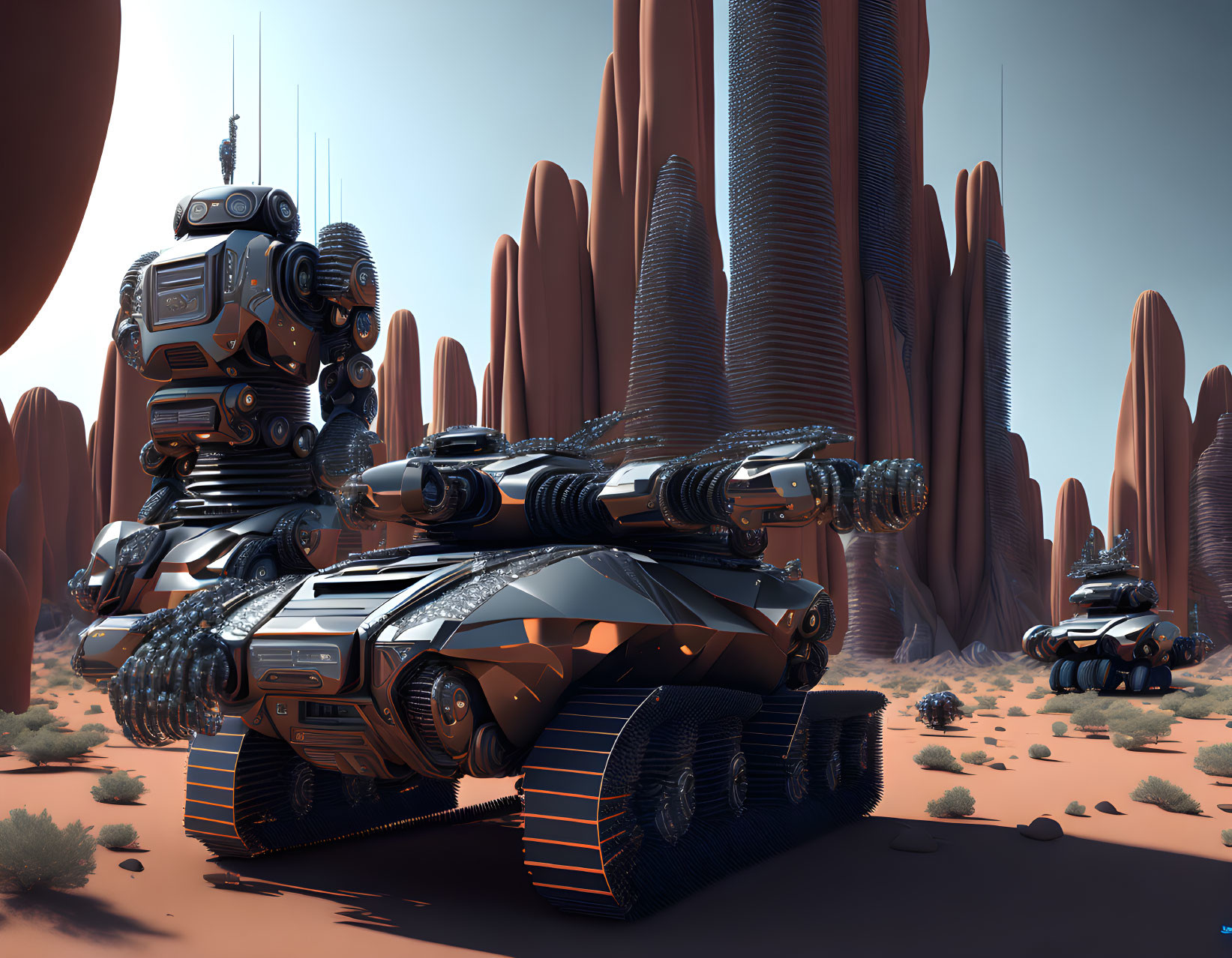 Armored vehicle with treads in desert landscape with rock formations.