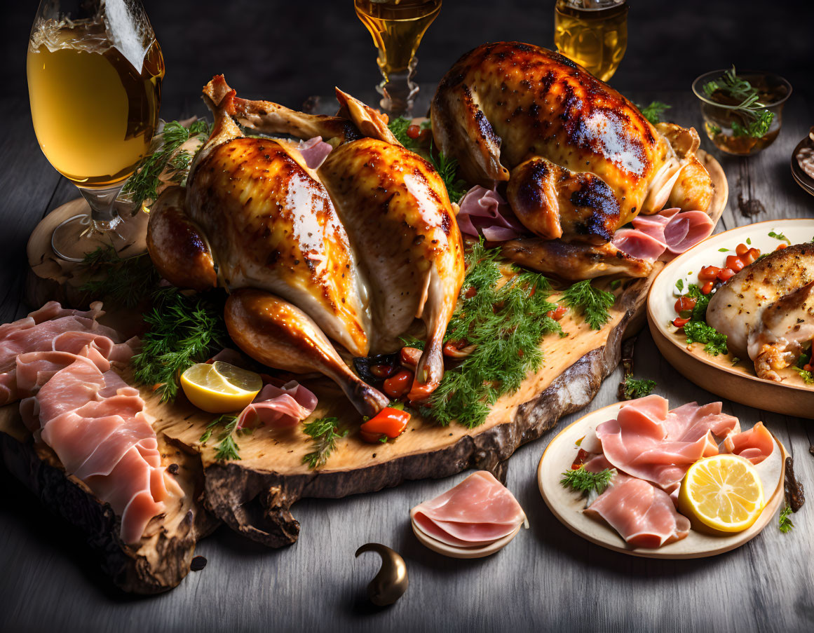 Roasted chickens with lemon, prosciutto, herbs, and beer on wooden board