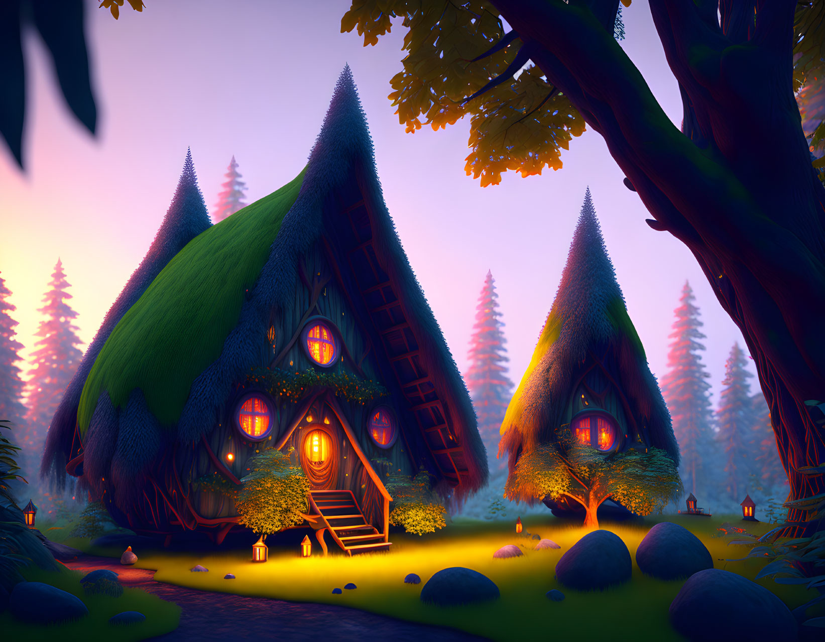 Twilight scene of fairy tale cottages in forest setting