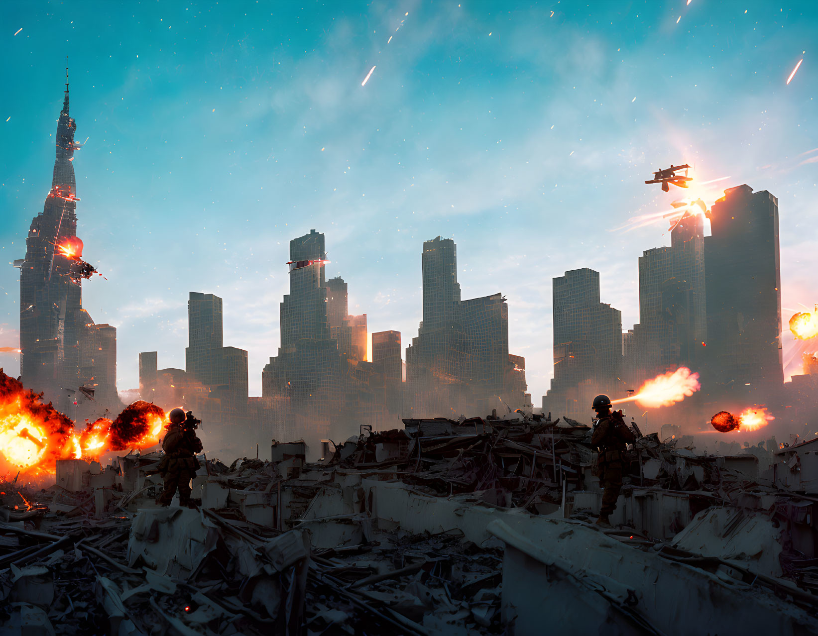 Destroyed cityscape with soldiers, explosions, debris, and ruins under dusky sky