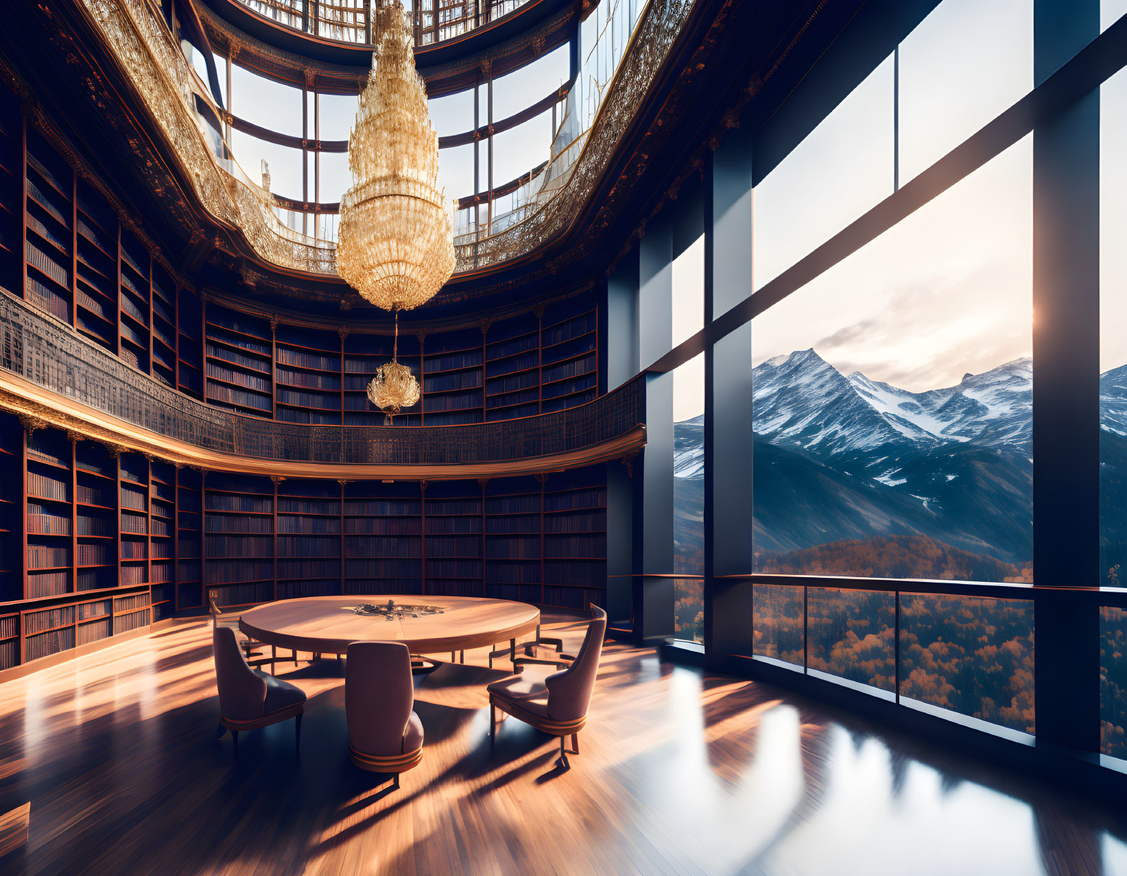 Circular Library with Grand Chandelier and Mountain View Windows