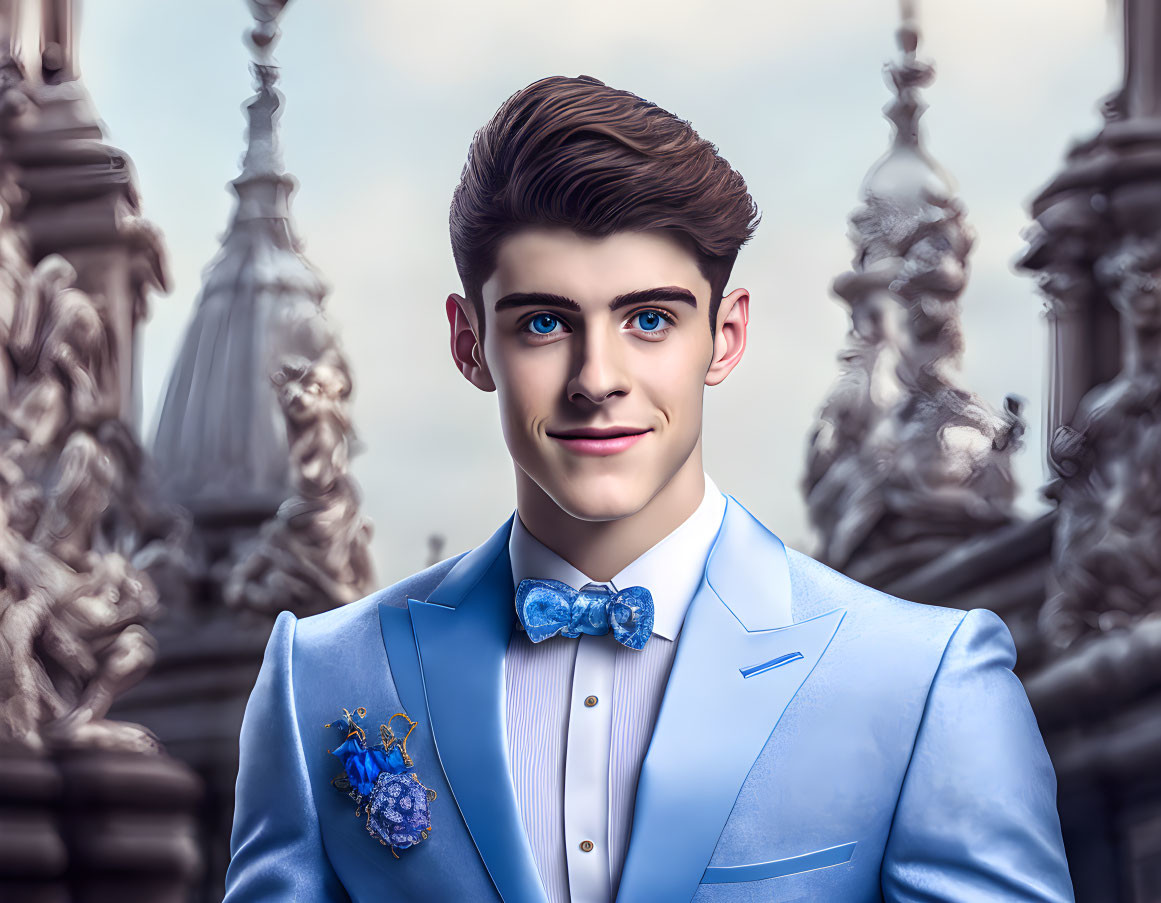 Young man in blue suit with styled hair against ornate backdrop