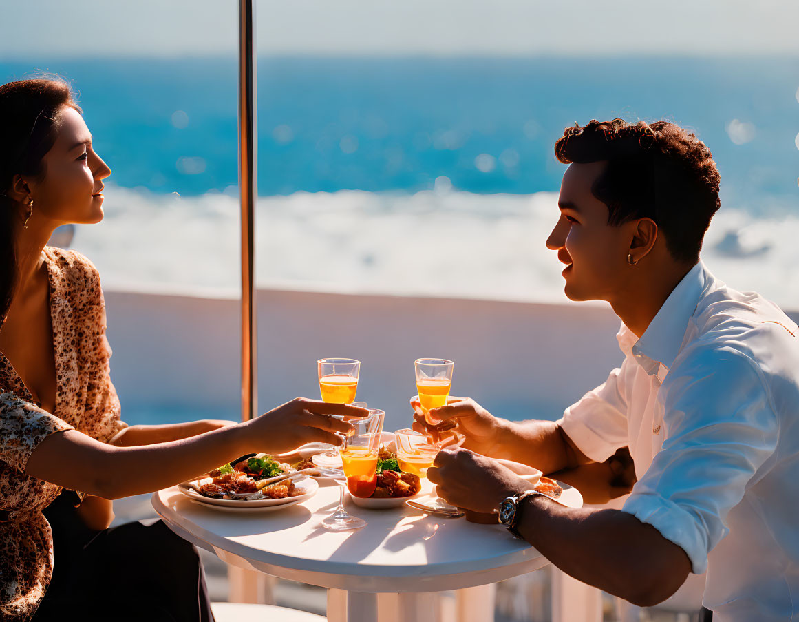 Couple Dining on Balcony Overlooking Sea at Sunset