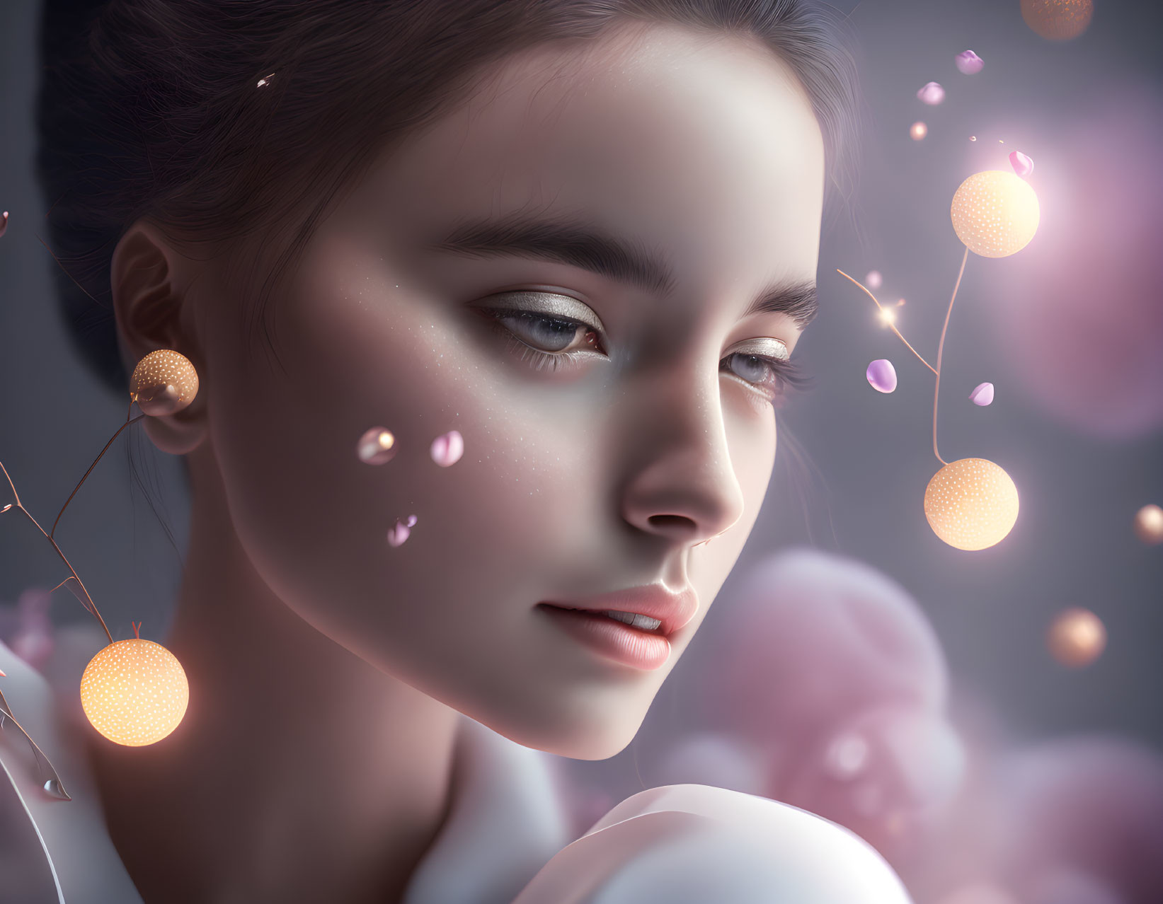 Young woman digital portrait with glowing orbs and pink accents