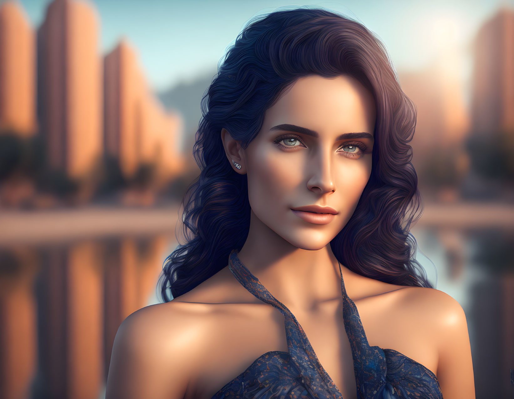 Portrait of woman with blue wavy hair, blue eyes, in lace dress against cityscape at sunset