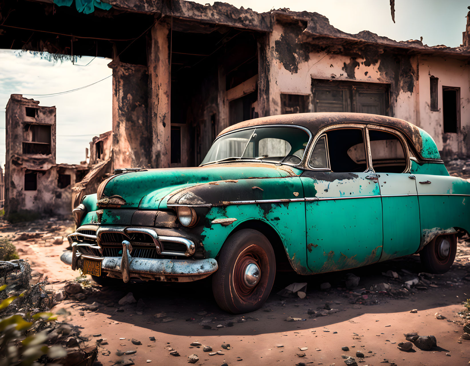 Vintage Turquoise and Black Car Parked in Front of Dilapidated Buildings