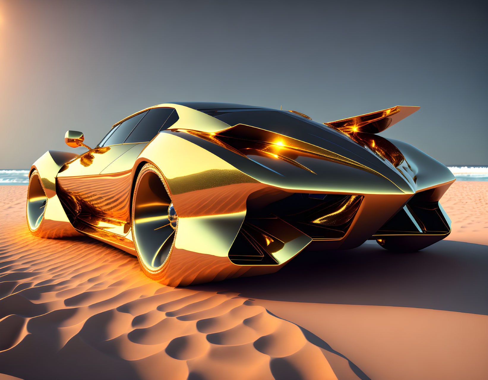 Golden futuristic car on sandy beach at sunset