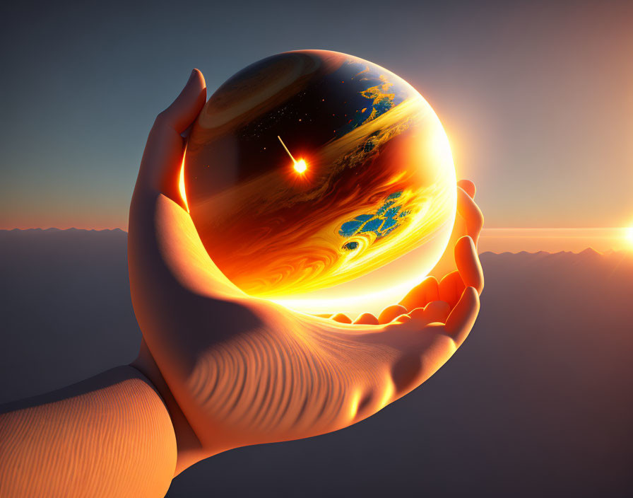 Glowing globe cradled in hands with space scene and sunrise over Earth.