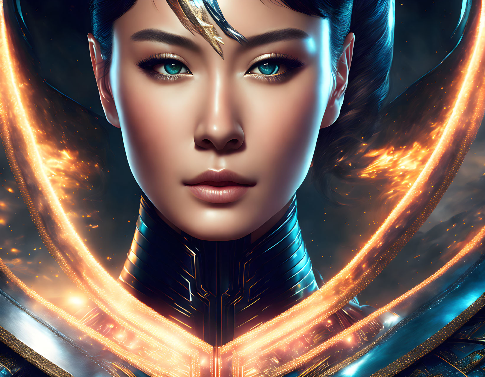 Futuristic digital artwork of woman with glowing orange energy wings