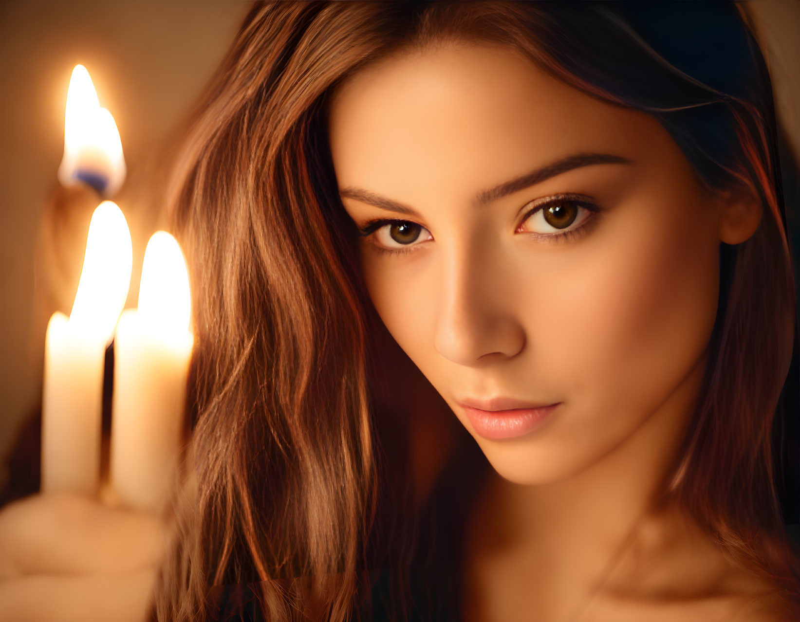 Serene woman holding lit candles casting warm glow