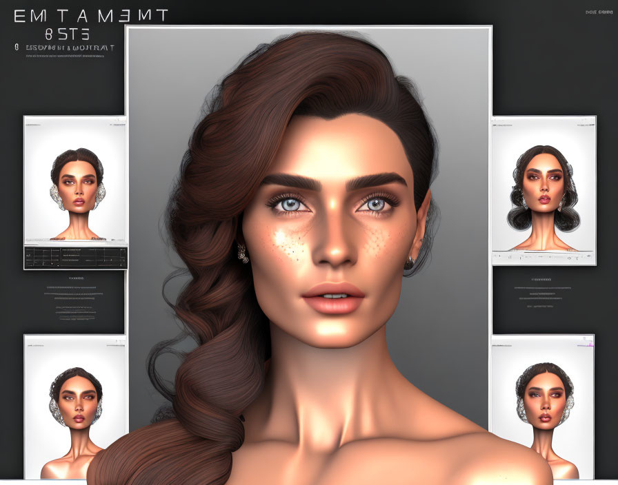 Female model in digital 3D rendering with diverse facial expressions and makeup details