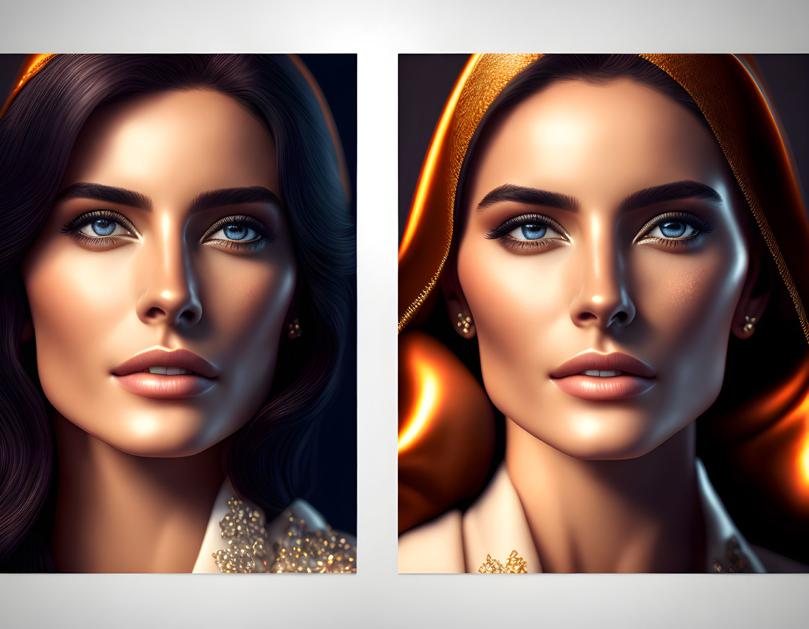 Woman with Blue Eyes and Dark Hair in Two Lighting Scenarios