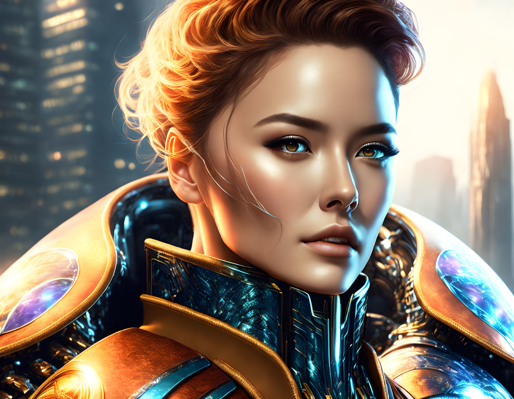 Woman with blue eyes and golden hair in futuristic armor in urban setting.