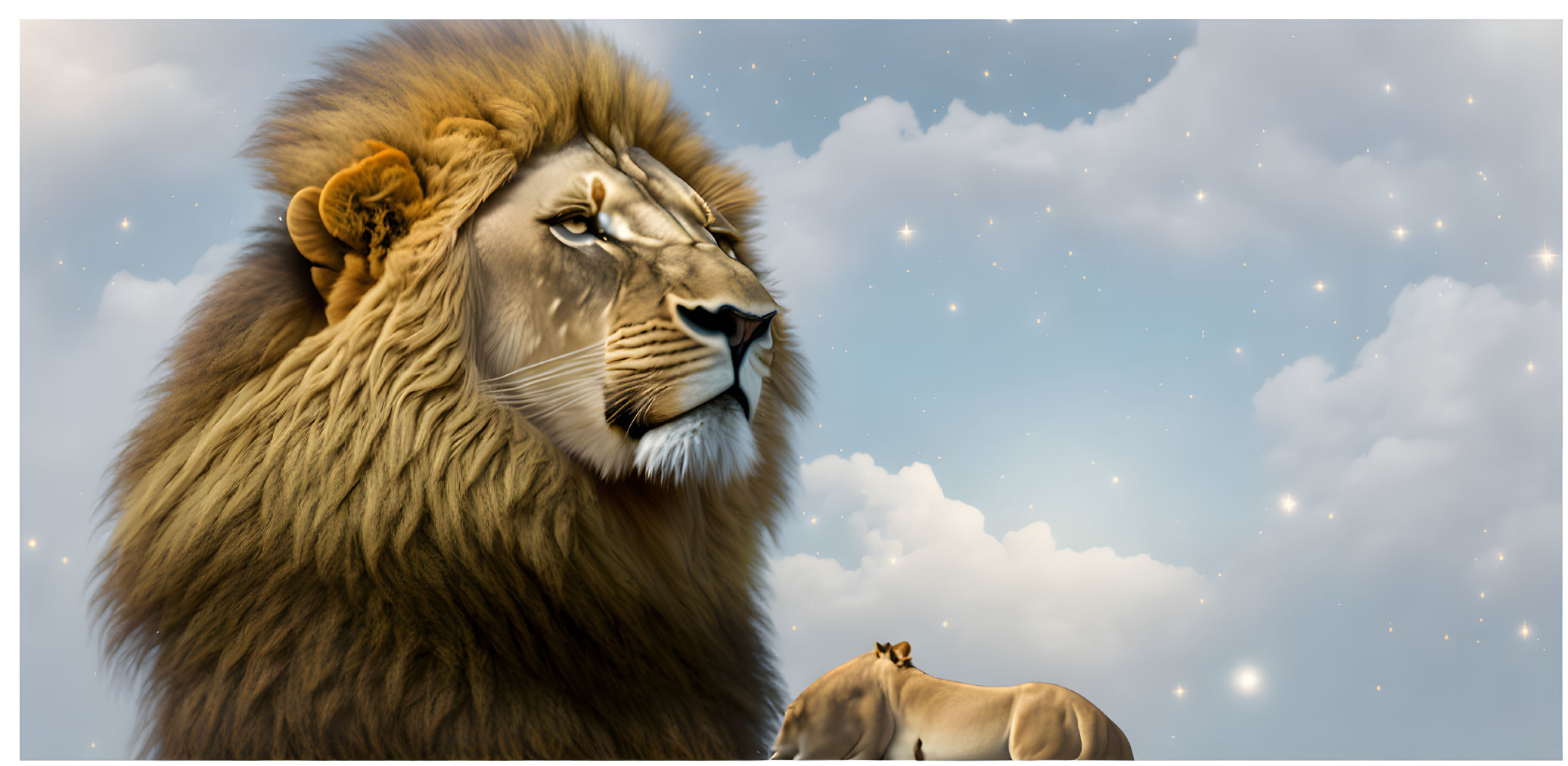 Majestic lion profile against starry sky with smaller lion resting on rock